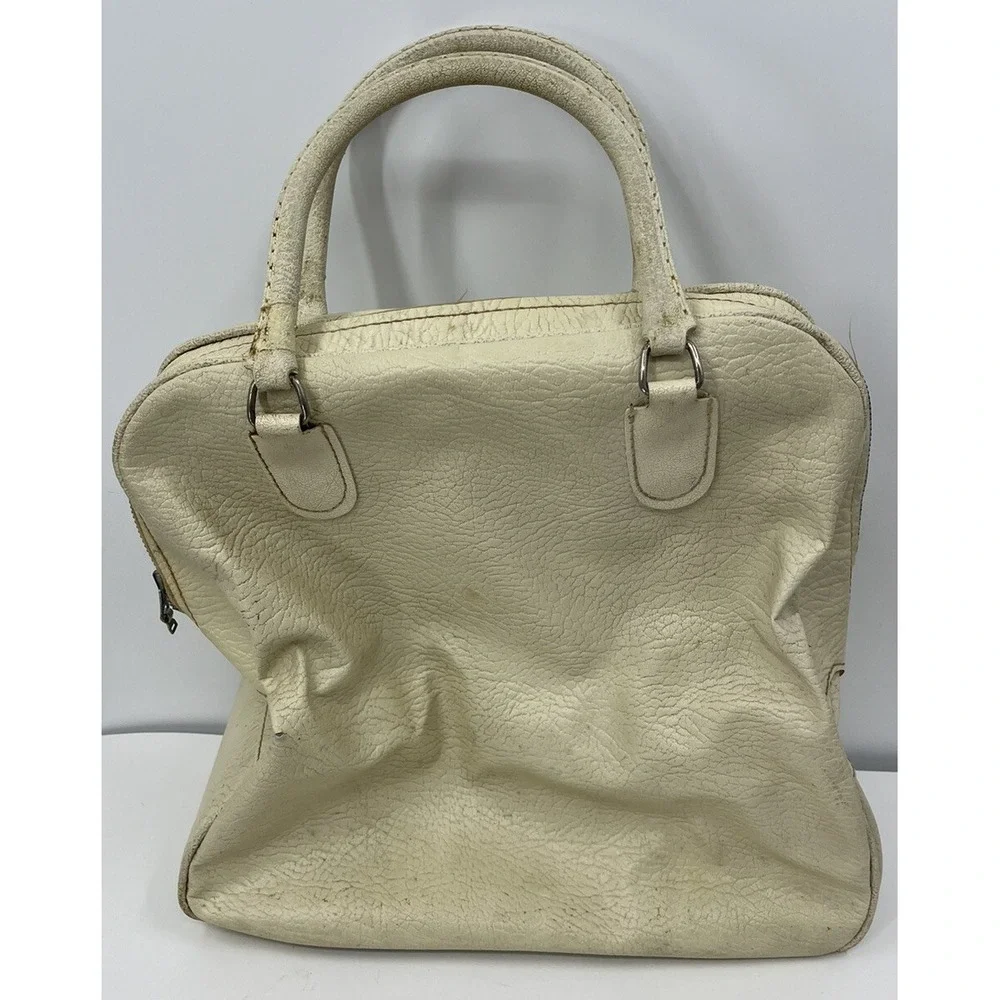 Vintage Sears Vinyl Tote Bag Carry On Luggage 1950s Ivory 2 Handle